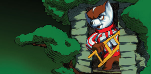 Illustration of Bucky Badger excluding other UW schools from his tree house.