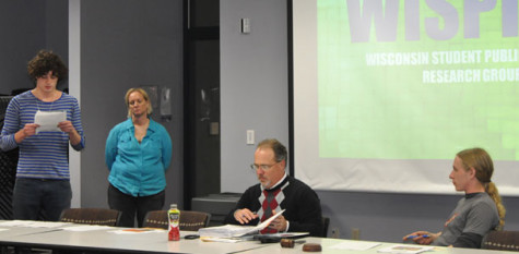 WISPRIG volunteer Kevin Kingsbury, far left, presents a budget proposal to the Student Activities Board on Friday, April 22.