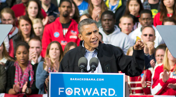 President Obama speaks to a crowd of over 30,000 on Bascom Hill at UW-Madison.