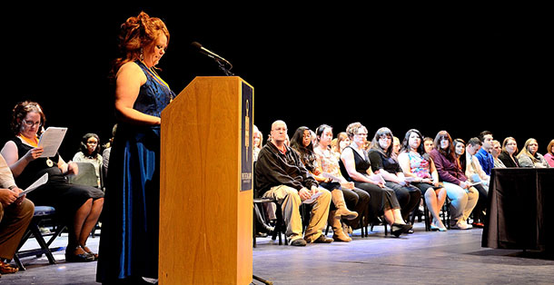 Candyce Hunter, shown, reflects during the induction ceremony on Feb. 13.