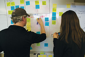 A group works on sorting ideas using sticky notes and a white board. Teams worked to complete their ideas as much as possible in order to win the judging session Sunday afternoon, April 7. 