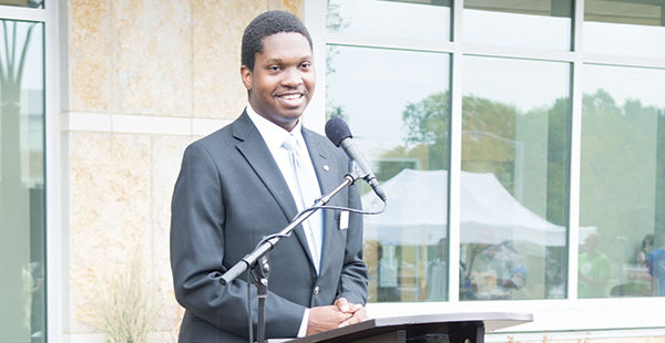 Student Senate President Colin Bowden speaks at a recent college event.