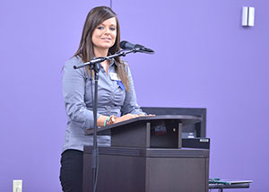 Kristin Zeier speaks at an event at the Truax campus.