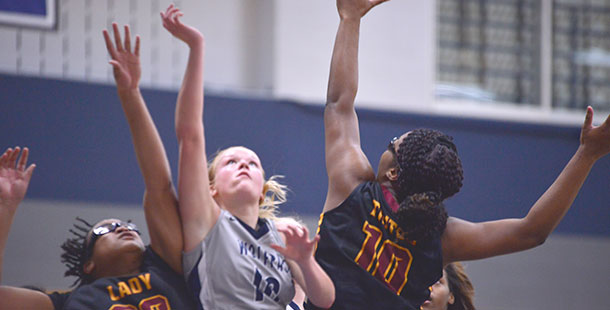 Madison College’s Kelly Calhoun (10) battles for a rebound during a recent game.