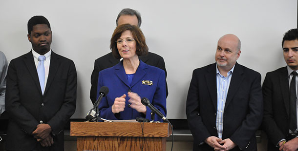 Regional Health and Human Services Director Kathleen Falk, left, and U.S. Rep. Mark Pocan spoke about the Affordable Care Act during a recent visit to Madison College.