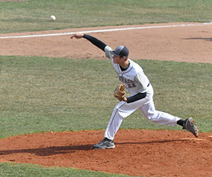 Madison College’s Calen Rohrman pitches on April 16 in a victory over Highland Community College.