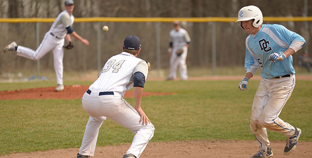 Madison College first baseman Mike Jordahl waits for a pick-off throw from pitcher Nate Hoffmann during a recent game at home.