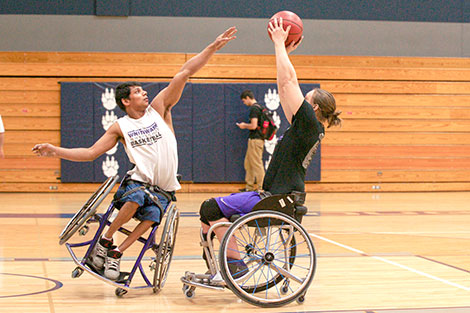 The UW-Whitewater wheelchair basketball teams put on a demonstration at Madison College on Oct. 22 in Redsten Gymnasium.