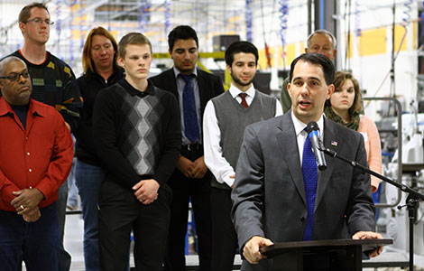 Gov. Walker speaks during a visit to the Madison College Truax Campus.