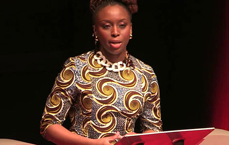 Chimamanda Ngozi Adichie is shown giving her TedxEuston speech in 2013 that has been published in essay form, “We Should All Be Feminists.”
