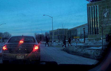 Pedestrians are urged to be aware of oncoming traffic when using the main crosswalk across Wright Street leading to the Truax campus Gateway.