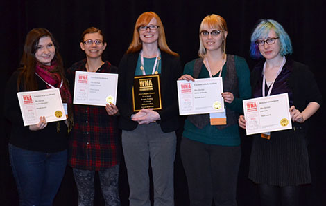 Clarion staff members, from left, Marisa Comeau Kerege, Natalie Connors, Andrea Debauche, Stephanie Beirne Leuer and Robin Gee attended the annual Wisconsin Newspaper Association convention on Feb. 27.