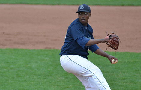 Marcellus Sneed pitches for the Madison College baseball team during a recent home game.