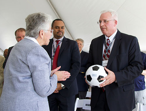 Dr. Carolyn Stoner, chairwoman for the Madison College district board, expresses her gratitude for a $6 million donation from the Goodman Foundation to construct a new softball and soccer facility at Madison College.