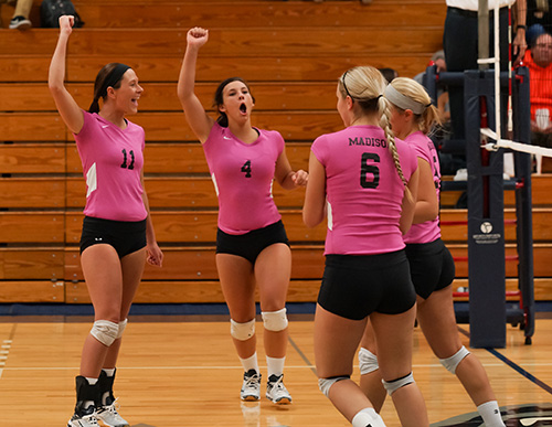 Madison College's volleyball team celebrates during a recent match.