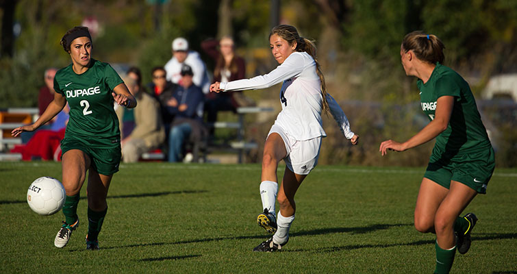 Madison College women’s soccer player Arianna Viscarra, center, splits a pair of defenders during a recent home game against the College of DuPage. The WolfPack’s season ended on Oct. 24 with a 3-0 loss to the DuPage in the NJCAA Region IV Tournament semifinals.