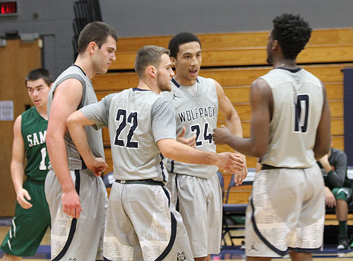 Members of the Madison College men’s basketball team talk during a break in play during the Border Battle Tournament held at Madison College on Nov. 6-7.