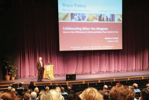 Bruce Patton delivers his presentation “Collaborating When You Disagree: How to Take Differences in Stride and Make Them Work for You” inside the Mitby Theater on Oct. 5.