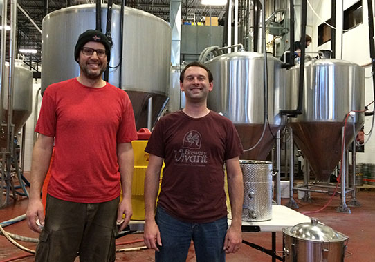 John Schuppel, left, completed the Craft Brewing Certificate Program at Madison College and now works for Ale Asylum along with Joe Waltz, right, the quality control manager at the brewery.