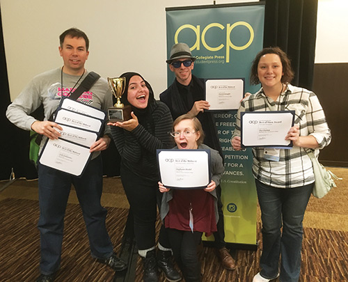 Above, five members of The Clarion staff attended the Associated Collegiate Press Best of the Midwest Convention in Minneapolis on Jan. 29-31. (left to right) Josh Zytkiewicz, Mouna Algahithi, Patrick Kempfer, Stephanie Reidel, and Antonia Villalón.