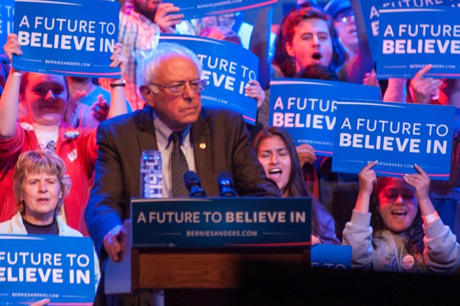 Democratic Presidential canidate Sen. Bernie Sanders spoke to a capacity crowd at the Orpheum in downtown Madison on March 30.