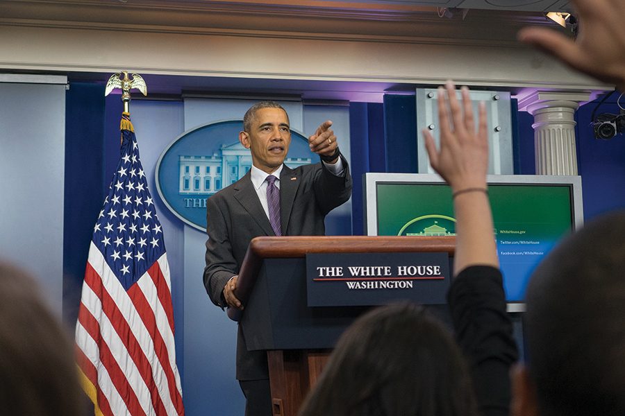 President Obama answers questions from student journalists in the White House press briefing room. The students, including Clarion Managing Editor Josh Zytkiewicz, were there as part of the first ever National College Reporter Day.