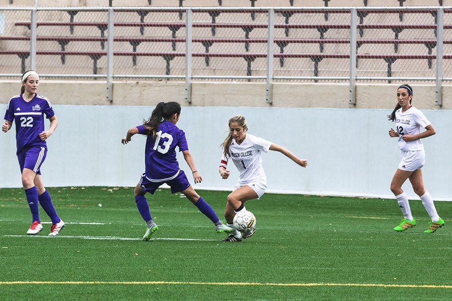 Madison College women’s soccer player Arianna Viscarra, right, attempts to slip past a defender during a recent match. Viscarra was one of three all-region selections from this year’s 9-8 women’s soccer team.