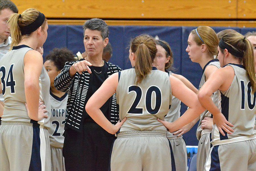 Madison College women’s basketball coach Lois Heeren directs her team during a time out against Fox Valley on Nov. 9.