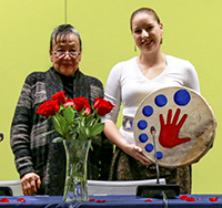 oann Jones, left, and Ashley Hall participated in the forum sponsored by NASA on Nov. 17. Jones, a former Ho-Chunk Nation president, was one of the panelists. Hall sang and played hand drum.