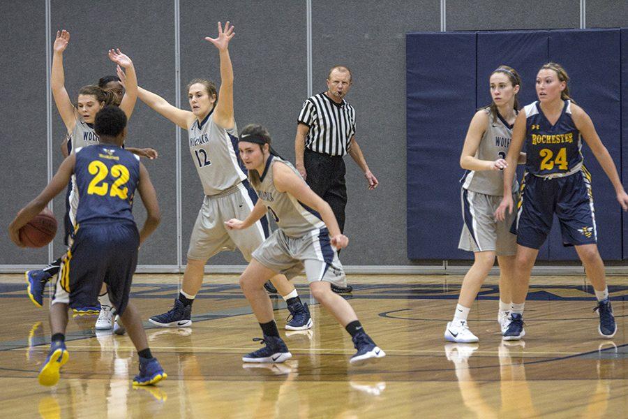 Madison College’s Rachel Slaney (14) and Megan Corcoran play defense on Nov. 22 against Rochester Community and Technical College. Ninth-ranked Rochester edged fifth-ranked Madison College, 70-68.