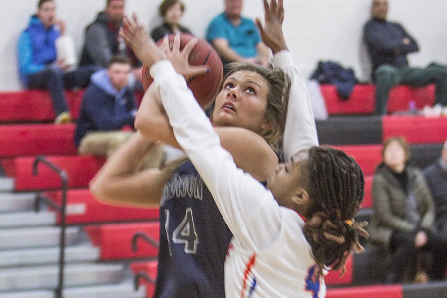 Madison College women’s basketball player Rachel Slaney goes in for a basket against Milwaukee Area Technical College.