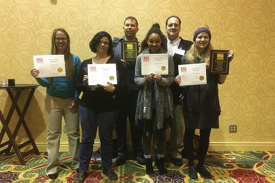 The Clarion received 11 awards at the WNA convention. Pictured are Bailey Ayres, Kim Michal, Josh Zytkiewicz, Lucy Smith, Vernon Ziegler and Elliott Puckette