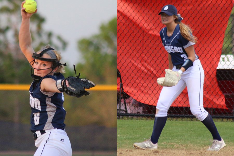 Hannah Jensen (left) and Breena Seeber (right) have been softball teammates since they were 14 years old. The two second-year players now help lead the Madison College softball team.