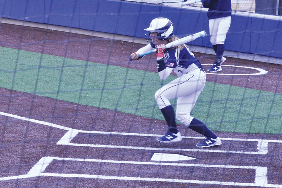 Madison College softball player Brenna Seeber pulls back on a slap hit attempt during a recent game.