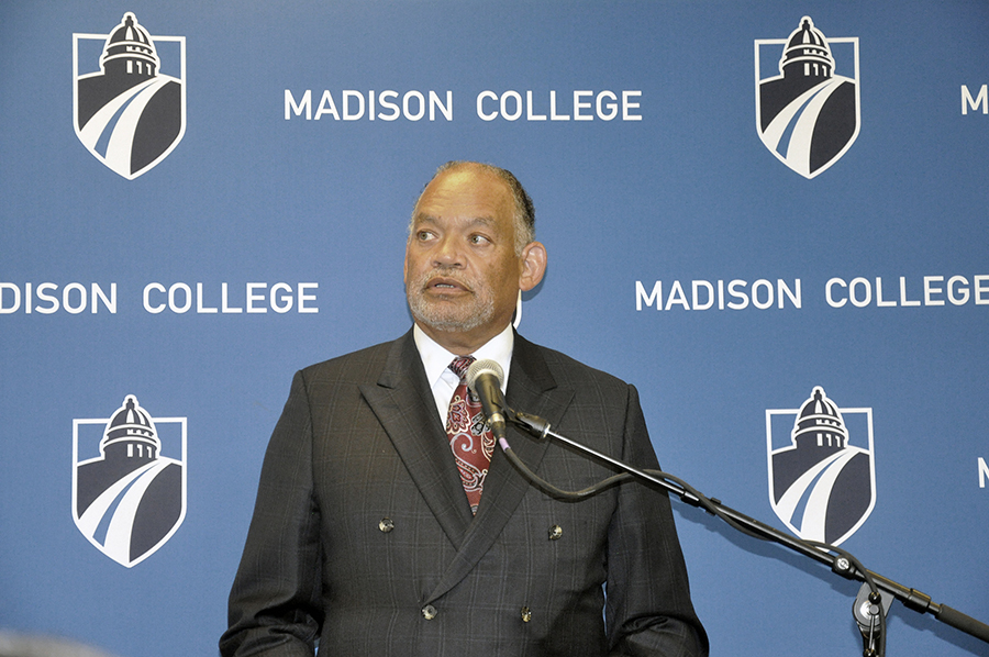 Madison+College+President+Dr.+Jack+Daniels+III+speaks+at+a+news+conference+about+the+South+Campus+Initiative.