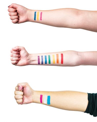 Each set of colors represents the Pride Flag that each writer aligns themself with, from top: Adrienne Oliva, PanSexual Pride; Celia Blau, LGBT Pride; Spice Phongthiengthan, Transgender Pride.