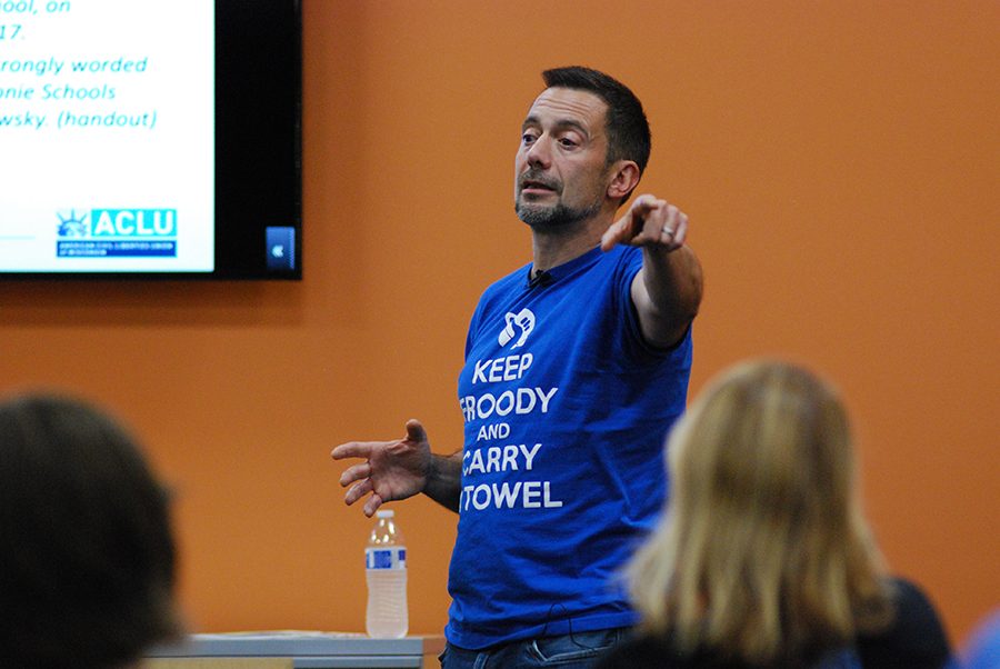 Emilo DeTorre, director of community engagement for the American Civil Liberties Union of WIsconsin, speaks about banned books and censorship during a presentation at Madison College on Sept. 26.