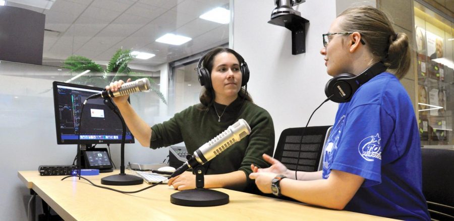 Clarion Broadcasting General Manager Jessica Pokrandt, left, and Broadcast Producer Leigh Strommen led the groups effort to create a Madison College version of Orson Welles War of the Worlds radio show.