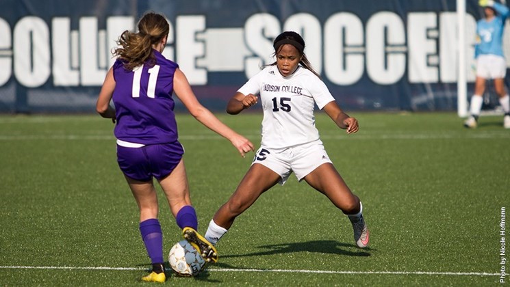 Madison College womens soccer player Tianna Sackett tries to steal the ball from an opponent during a recent match.