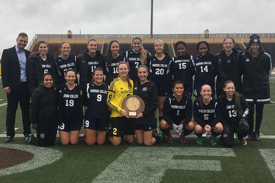 The Madison College women’s soccer team celebrates winning the NJCAA Division III District D Championship.