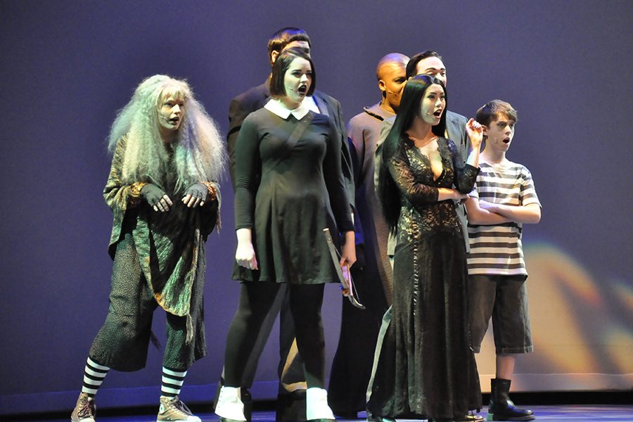 Members of the cast of 'The Addam's Family: A New Musical Comedy" include, from left, front row: Anna Freudenberg, Rachel Seizer, Maria Cina and Mikhail Thompson. Partially hidden in the back row, from left, are: Jeremiah Gile, Darryle Harris and Sean Langenecker.