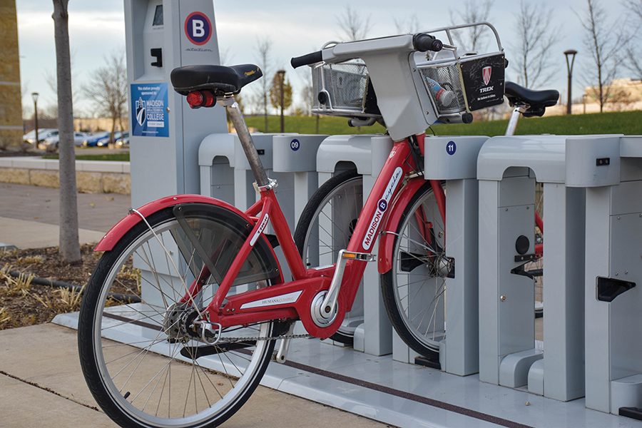 Madison College’s BCycle station is located near the entrance to the Health Building at the Truax Campus.