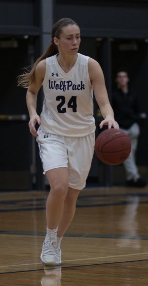 Madison College women’s basketball player Megan Corcoran brings the ball up court during a recent game.