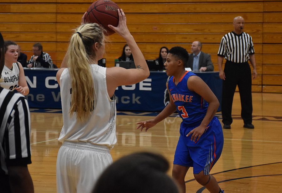 Madison College’s Abby Meehan looks for a teammate to inbound the ball to during her team’s loss to Milwaukee Area Technical College on Jan. 10.