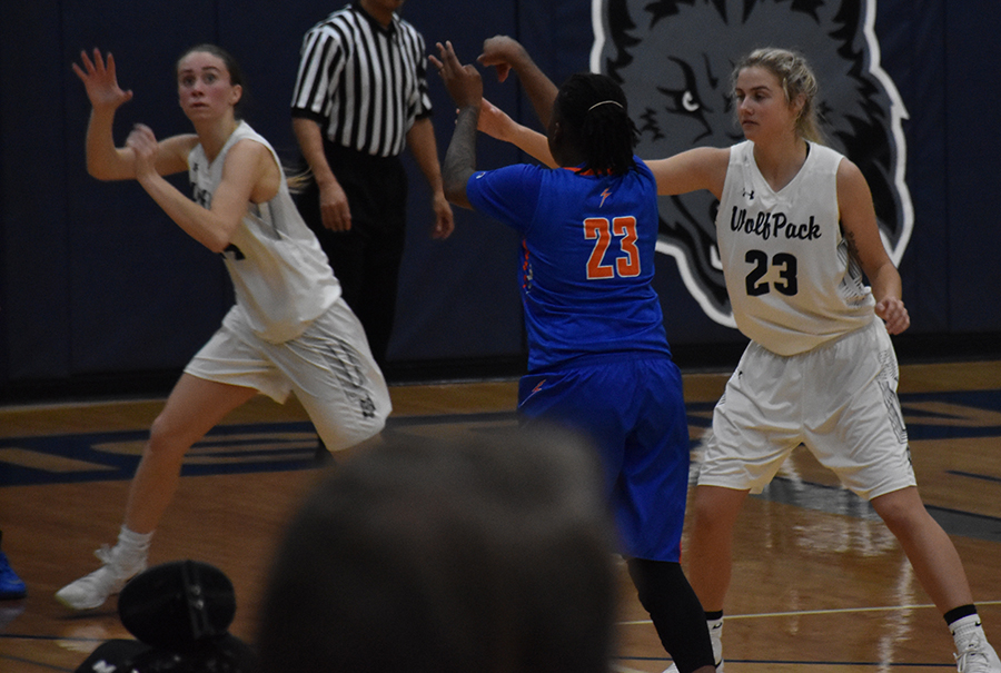 Madison College’s Abby Meehan, 23, defends a Milwaukee opponent on Jan. 10 as Megan Corcoran, left, steps in to steal a pass.