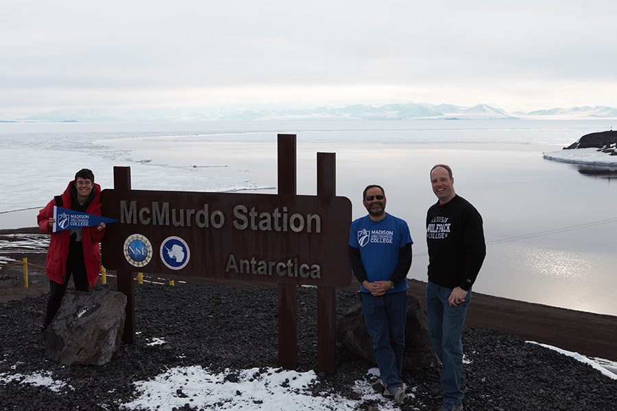 Madison College instructors Matthew Lazzara, center, and Andy Kurth, right, visited the icy shelves of Antarctica.