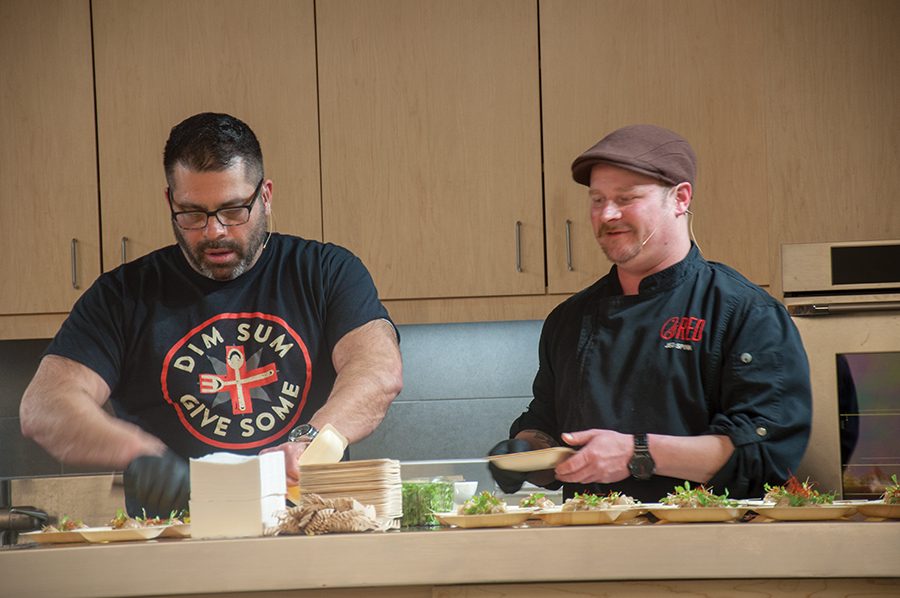 Jed Spink, right, the executive chef of RED Restaurant, visited Madison College to talk pro tips in the most recent Chef Series.