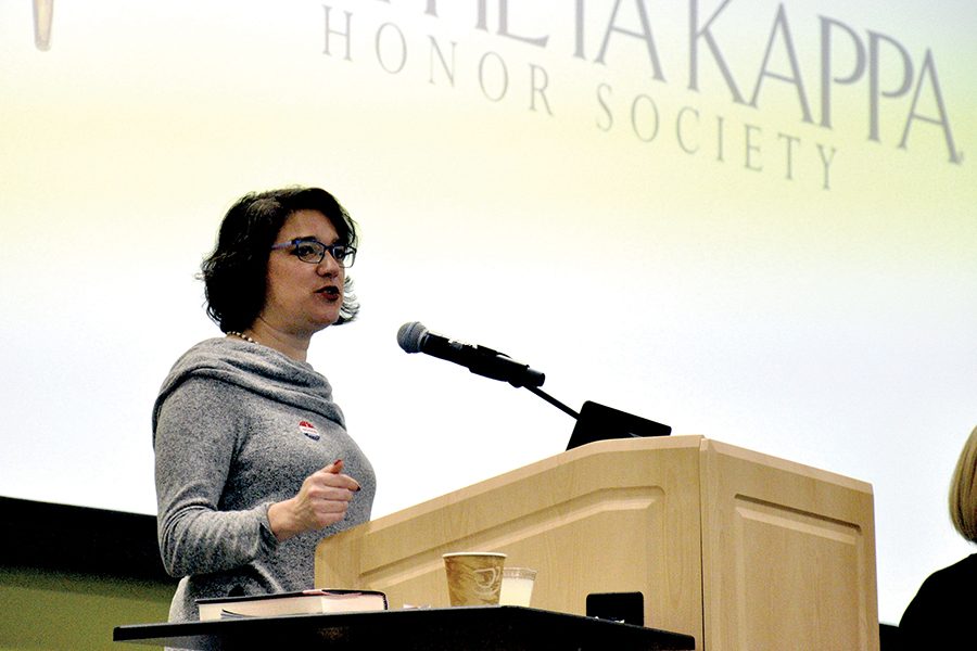 State Rep. Melissa Sargent speaks recently at an event at Madison College that was sponsored by Phi Theta Kappa.