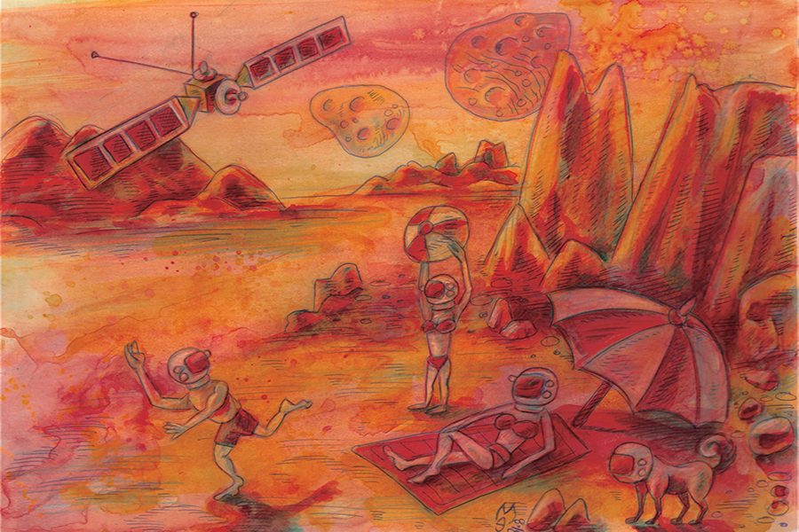 Illustration by Michael Edwards envisioning water on Mars.