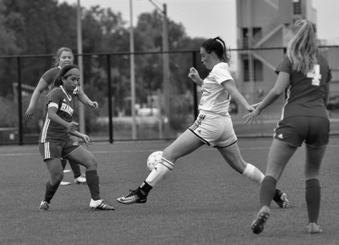 soccer player Britt Schumann lines up the shot